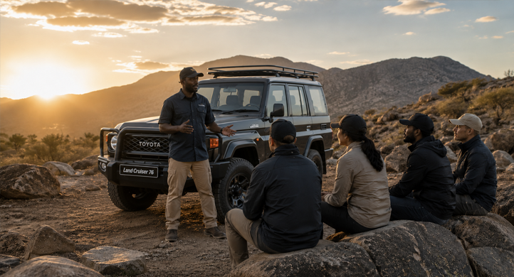 Toyota instructor briefing a group beside a Land Cruiser 76 on rocky terrain